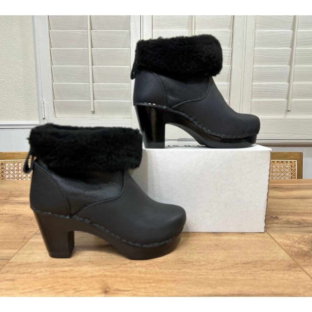 No. 6 Store Pull On Shearling Clog Booties Black Leather Size 5 US 35 EU NIB